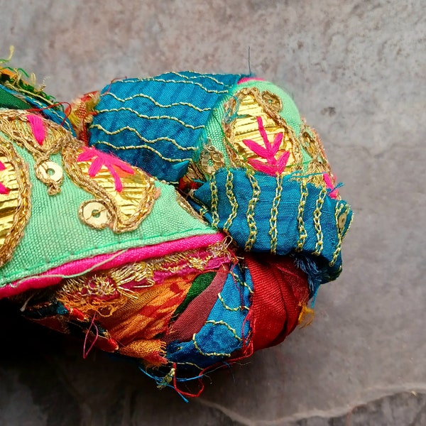 5 Yards Printed Embellished Silk Sari Ribbon, Recycled Sari Ribbon, Silk Sari Ribbon, Silk Ribbon, India, Jacquard, Patterned, Tassel Ribbon