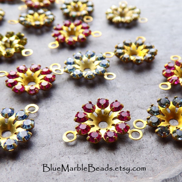 10 Vintage Swarovski Flower Pendants, Swarovski Crystals, Crystal Flowers, Mix, Assortment, Brass Findings, Layering Flower, Assorted Colors