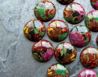 Vintage Lucite Cabochons, West German Floral Decal, 18mm (Set of 8)