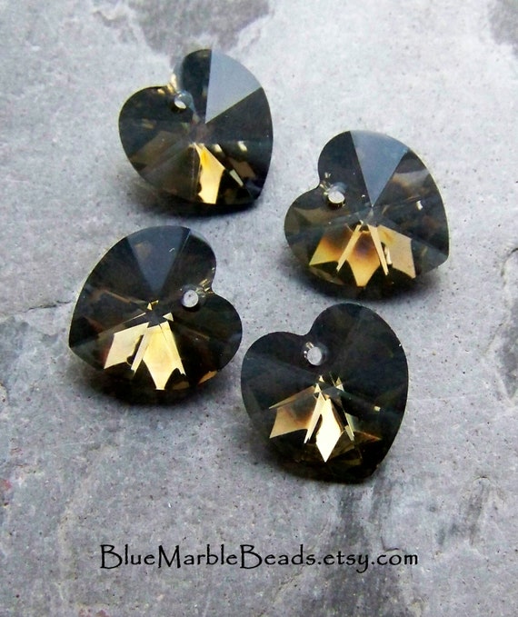 4 Czech Crystal Faceted Heart Pendants, Smoky Quartz Valentinite, 14mm