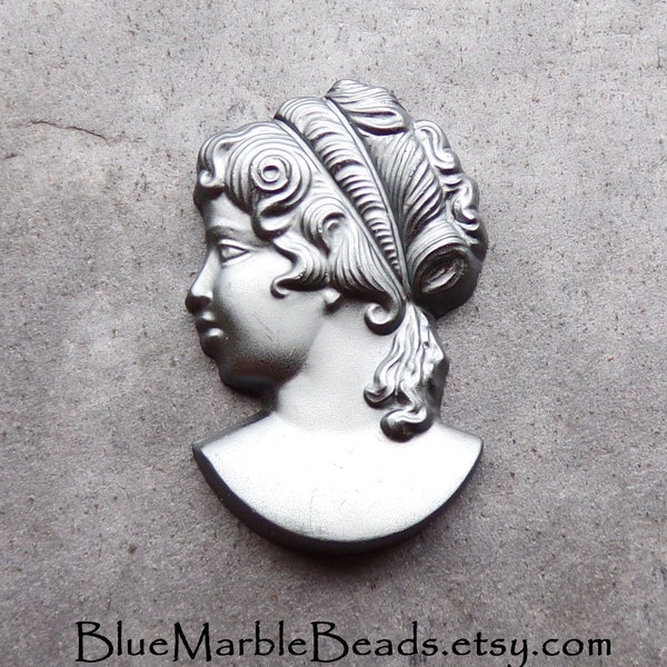 1 Vintage Frosted Matte Silver Cameo Head Glass Cabochon, 30mm, Rare Cabochon, Czech Glass Cabochon, Maiden Cabochon, Cameo Cabochon