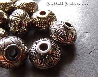 7 Etched Silver Plated Lucite Chubby Rondelle Beads, Vintage Beads, Lucite Bead, Metalized Bead, Patterned Bead, Big Hole Beads, 15mm, Boho