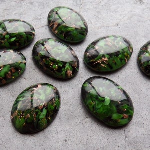 2 Vintage Foil Glass Oval Cabochons, 18 x 13, Rare Glass Cabochon, Green & Gold Glass, Vintage Foil Glass, Art Glass, Aventurine Glass