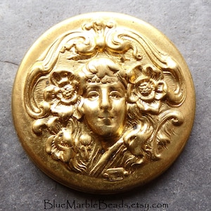 1 Alphonse Mucha Maiden Medalion Brass Stamping, 30mm, Flower Stamping, Brass Finding, Vintage Stamping, Bohemian Maiden, Round Stamping