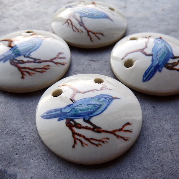 2 Hand Painted Blue Bird Ceramic Pendant, Round Pendant, Two Holes, 27mm, Vintage Bird Pendant, Spring Pendant, Bird Lovers, Nature Lovers