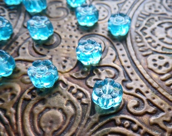 30 Small Pressed Glass Flower Beads, Aqua Blue, Aqua Flower, Small Flower Beads, Double Sided, Accent Beads, Spacer Beads, Boho Beads, 7mm