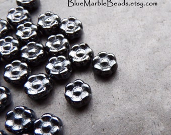 30 Small Pressed Glass Flower Beads, Hematite, Gunmetal, Small Flower Beads, Double Sided, Accent Beads, Spacer Beads, Boho Beads, 7mm