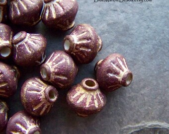 12 Vintage Matte Laternenförmige geätzte Laternenperlen, geätzte Perle, geschnitzte, Vintage Perle, matte Perle, beunruhigt, Pflaume, Großlochperle, 14 mm