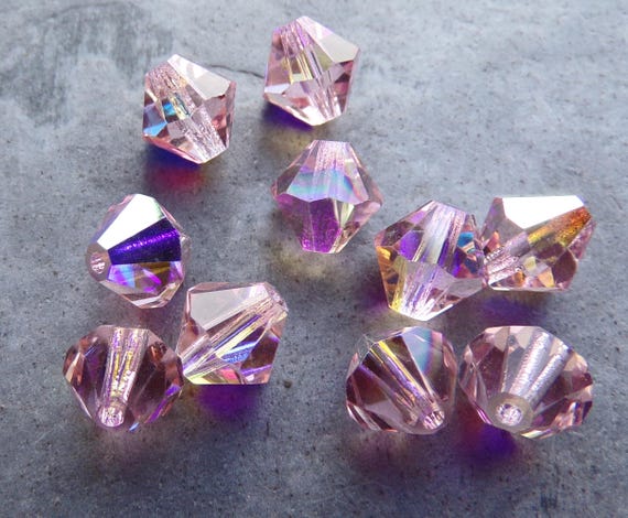 10 Preciosa Rose AB Crystal Beads, 8mm, Machine Cut Crystals, Faceted Bead, Czech Crystal Beads, Crystal Bicone, Half Coat, Pink Crystals
