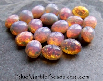 20 Vintage Glass Fire Opal Oval Stones, Fire Opal Cabochon, Glass Cabochon, Doublet, Harlequin, Oval Cabochon, Domed, Pointed Back, 8 x 6mm