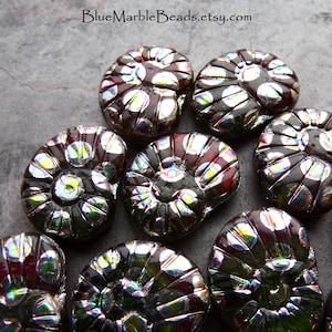 6 cuentas de nautilus, cuentas de caracol, cuentas de vidrio checo, cuentas de pavo real, rojas y negras, 16 mm, cuentas orgánicas, cuentas tribales, cuentas bohemias, cuentas de playa