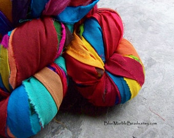 Recycled Sari Ribbon, Silk Sari Ribbon, Chiffon Silk Ribbon, India, Reclaimed, Multi Colored, Prayer Flag Colors, Tassel Ribbon, 5 Yards