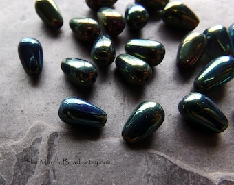 20 Green Iris Metallic Glass Teardrop Beads, Czech Glass Beads, Boho Beads, Metallic Beads, Iris Beads, Peacock Colors, 10 x 6, Pear Shaped