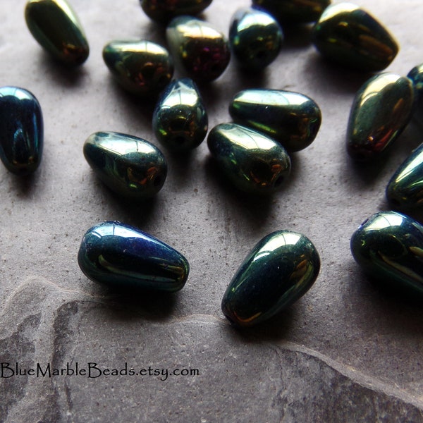 20 Green Iris Metallic Glass Teardrop Beads, Czech Glass Beads, Boho Beads, Metallic Beads, Iris Beads, Peacock Colors, 10 x 6, Pear Shaped