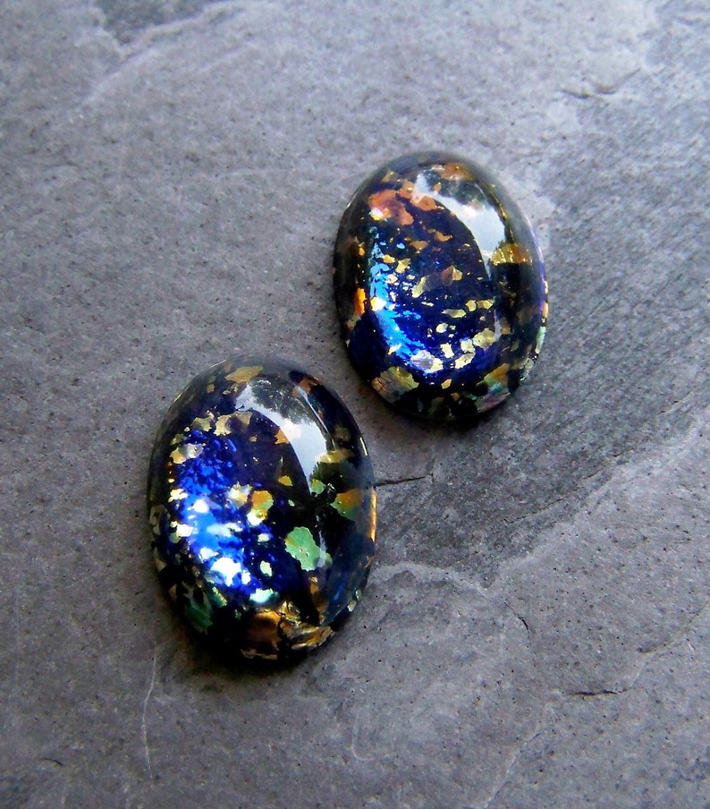 4 Black Opal-Cabochon-Glass Oval Cabochon-Rare Cabochon-Vintage Black Fire Opal Glass Oval Cabochons-14 x 10 image 2