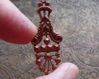 Vintage French Brass Pendants, Ornate Nail Head Stamping (38mm)