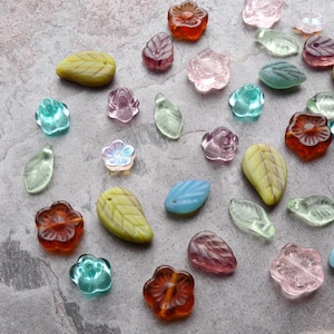 36 Czech Pressed Glass Flowers and Leaves Beads Assortment,  Assorted Colors, Mixed Lot, Spring Flowers, Spring Beads, Pretty Mix