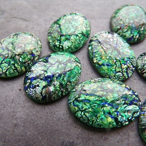 2 Green Foil Oval Glass Cabochon, 18 x 13, Flat Back, Vintage Cabochon, Rare Cabochon, Czechoslovakia, Czech Glass Cabochon, Art Glass, Boho