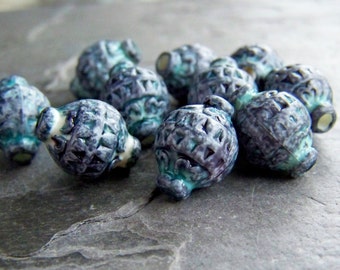 12 Vintage Carved Distressed Indigo And Aqua Washed Lucite Lantern Beads, Lantern Bead, Distressed, Vintage Bead, Vintage Lucite, Boho Beads