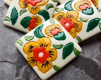 4 Vintage Lucite Hand Painted Floral Tile Cabochons, Flower Cabochons, 1970's, Vintage Cabochons, Square Cabochons, Boho Jewelry Supplies