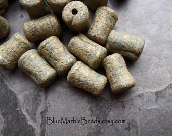 12 Vintage Etched Carved Green and Gold Barrel Beads, Boho Bead, Etched Bead, Carved Bead, Vintage Lucite, Matte Bead, Distressed, Faux Clay