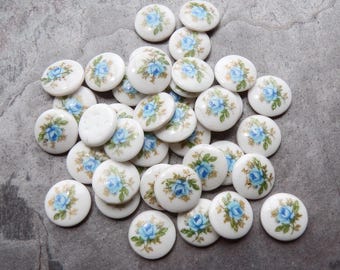 20 Blue Rose Glass Cabochons, Round Cabochon, 10mm, Spring Cabochon, Japanese, Vintage Glass, Shabby Chic, Cottage Chic, Romantic, Decal