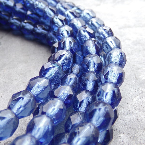 50 Fire Polished Faceted Czech Glass Beads, Topaz, Water Sapphire, 6mm, Faceted Glass Beads, Full Strand, Filler Beads, Accent Beads, Iolite