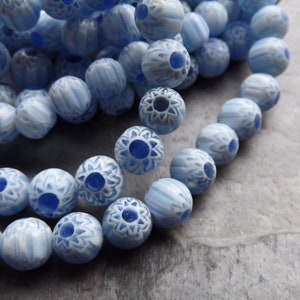 1 Full Strand Vintage Glass Chevron Beads, Round Beads, Unique Beads, Blue Beads, Sun Beads, 7mm, Boho Beads, 50 Beads, Blue & White Beads image 2