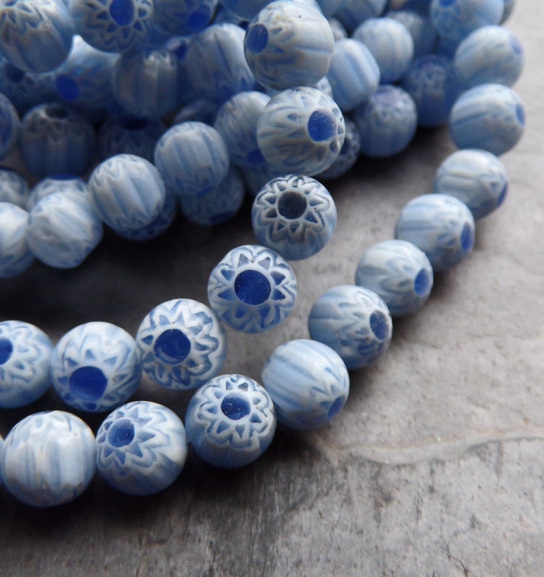 1 Full Strand Vintage Glass Chevron Beads, Round Beads, Unique Beads, Blue Beads, Sun Beads, 7mm, Boho Beads, 50 Beads, Blue & White Beads image 2