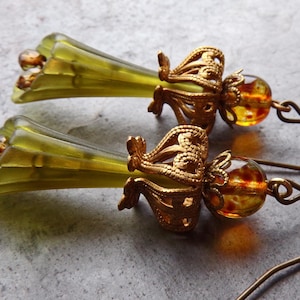 Vintage West German Olive Green Lucite Flower and Czech Glass Handmade Earrings, Queen's Gambit