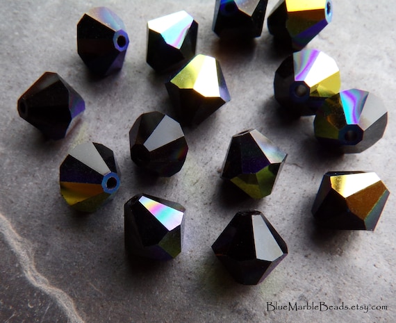 10 Preciosa Crystal Jet AB Crystal Beads, 8mm, Machine Cut Crystals, Faceted Crystal Beads, Czech Crystal Beads, Boho Beads, Crystal Bicones