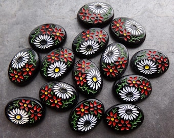 4 Vintage Japanese Hand Painted Flower Glass Oval Cabochons, Imperfects, Floral Cabochons, 18 x 13, Black Glass Cabochon, Flower Cabochons