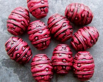 10 Vintage Etched Raspberry Barrel Beads, Boho Beads, Tribal Beads, Vintage Beads, Beads Vintage, Cranberry, Barrel Beads, Antiqued Beads