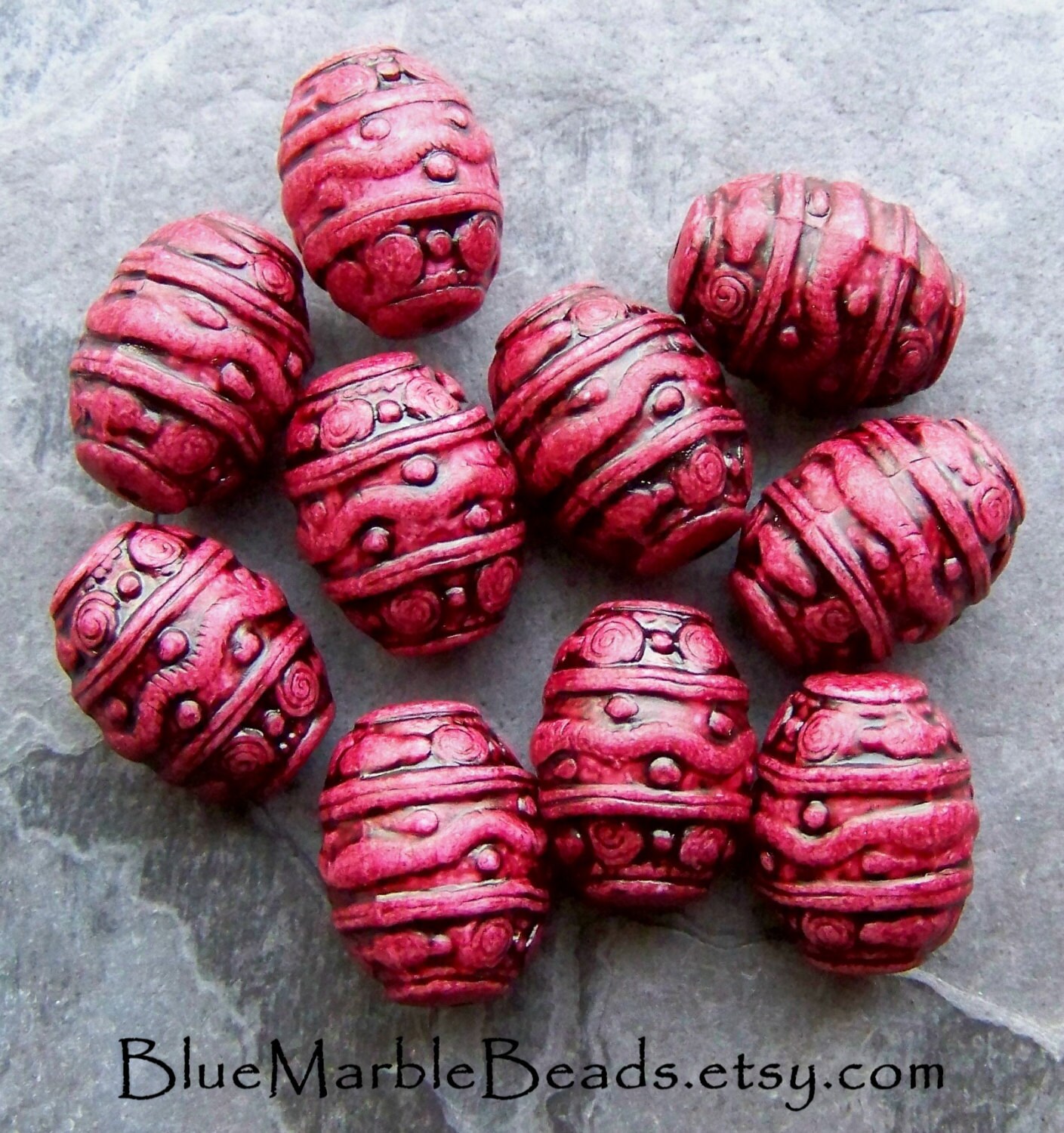 10 Vintage Etched Raspberry Barrel Beads Boho Beads Tribal | Etsy