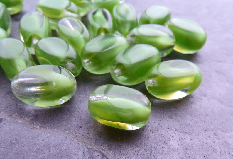 20 Vintage Green Moonstone Givre Glass Beads, Givre Beads, Spring Green, Semi Opaque Beads, Marble Beads, Moonstone Beads, 13mm, Boho Beads image 1