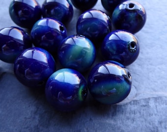 4 Vintage Porcelain Ceramic Beads, 16mm, Glazed Beads, Blue Marble Beads, Boho Bead, Round Ceramic Bead, Drippy Glaze, Vintage Beads, Earthy