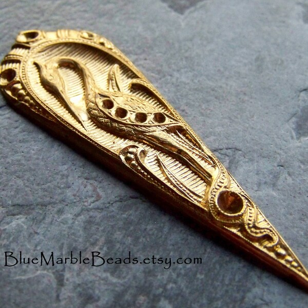 Bird Stamping-Brass Stamping-Art Nouveau-Egret-Brass Setting-Rhinestone Setting-Chaton Setting-Teardrop-Ornate Stamping-Rare Stamping-1