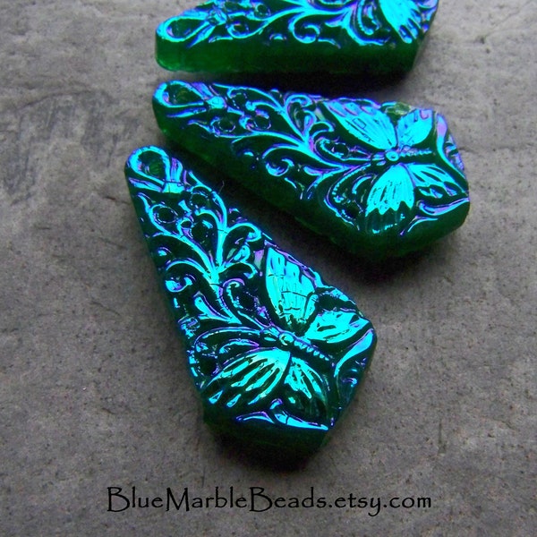 1 Hand Crafted West German Butterfly Pressed Glass Pendant, Jade, Glacier Blue AB, Teardrop Pendant, Unique, Double Sided, Half Coat