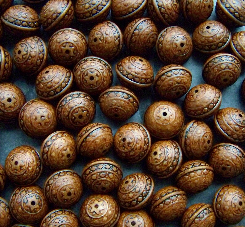 8 Etched Bead, Carved Bead, Saucer Bead, Ethnic Bead, Ornate Bead, Washed, Distressed, Antiqued, Lucite Beads, Vintage Beads, Boho Beads image 2