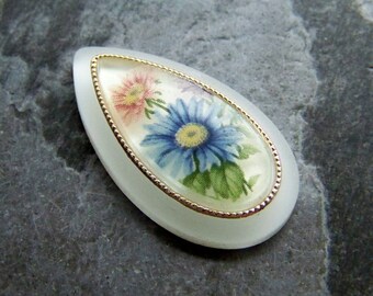 1 Vintage Frosted Floral Teardrop Lucite Cabochon, Flower Cabochon, Vintage Cabochon, West German, Floral Cabochon, Flat Back, 36mm, Matte