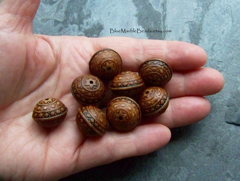 8 Etched Bead, Carved Bead, Saucer Bead, Ethnic Bead, Ornate Bead, Washed, Distressed, Antiqued, Lucite Beads, Vintage Beads, Boho Beads image 3