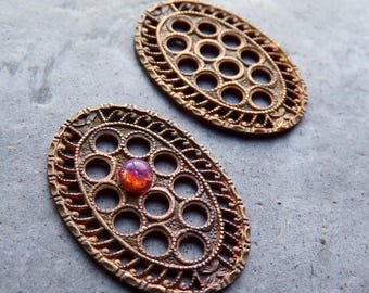 2 Vintage French Brass Stampings, Ornate Lacey Chaton Setting (24x17mm)