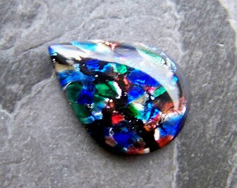 Glass Cabochon, Teardrop Cabochon, Multi Colored, Harlequin Glass, Preciosa Brand, Czech Glass ,Teardrop Cabochon, 30 x 22, Flat Back, 1