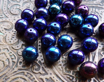 20 Blue Iris Round Czech Glass Druk Beads, Iris Beads, Glass Beads, Boho Beads, 8mm, Metallic Beads, Peacock Colors