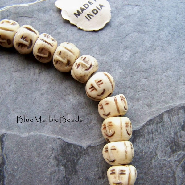 6 Carved Bone Beads, Smiling Face Beads, Hand Carved Beads, Tribal Beads, Vintage, India, Buddah, Flat Rate Shipping, Boho Jewelry Supply