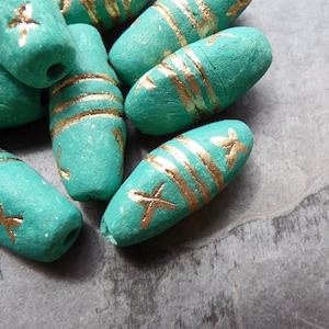 6 Handmade Turquoise Clay Barrel Beads, Rustic Beads, Vintage Beads, Clay Beads, Earthy Bead, Organic, Tribal Beads, Boho Bead, Carved Beads