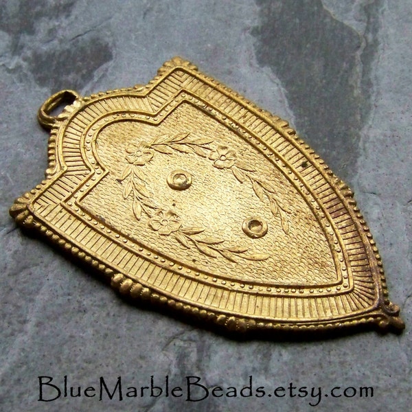 Vintage Stamping-Art Nouveau-Rare Brass Stamping-Medieval-Renaissance-Shield Pendant-Unique Vintage Brass Art Nouveau Shield Stamping-1