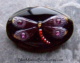 Vintage Button-Czech Glass Button-Dragonfly Button-Vintage Rare Hand Painted Czech Dragonfly Oval Button with Rhinestones-1
