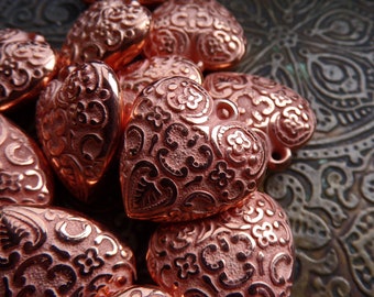 4 Vintage Copper Plated Etched Heart Pendant Charms, 25mm, Vintage Lucite, Metallized Beads, Ornate Beads, Puffy Heart Beads, Boho Beads