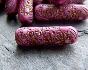 10 Pink Gold Etched Carved Floral Acrylic Tube Beads, Spring Beads, Flower Beads, Boho Jewelry Supplies, Gold Washed Beads, 21mm